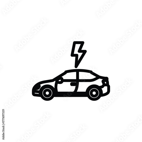 Electric car with lightning bolt is ideal for electric vehicle advertising, environmental content, green energy concepts, or sustainable transportation campaigns.