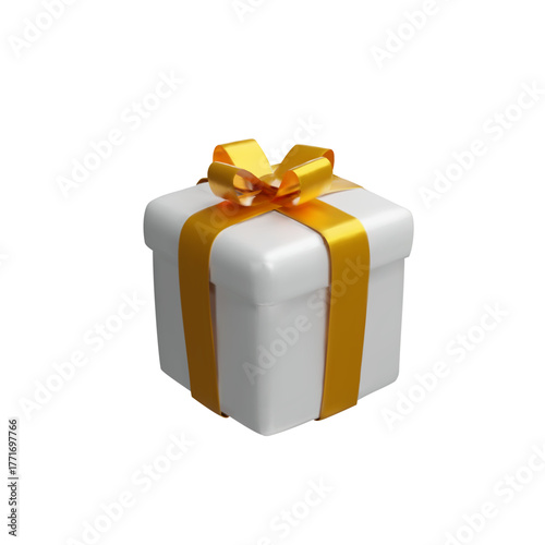 Three-dimensional white gift box with gold ribbon isolated on white background. Realistic 3D festive Christmas package, birthday, anniversary celebration, holiday design, advertising, promo templates.