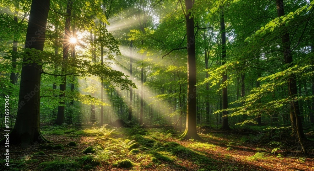 Fototapeta premium A serene forest scene with sunbeams filtering through the trees, creating a peaceful atmosphere.