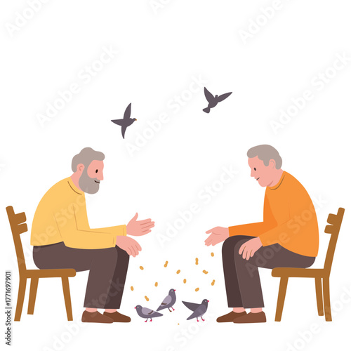Two elderly men feeding pigeons while sitting on chairs outdoors  