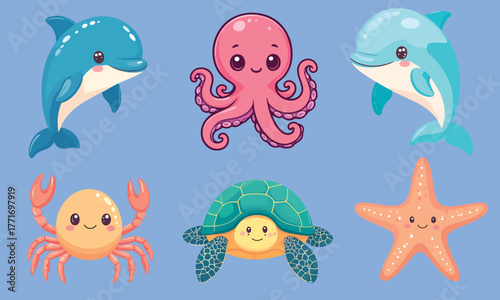 Cartoon vector illustration set of marine animals collection with fish, octopus, dolphin, shark, whale, starfish, crab, jellyfish, and turtle in the ocean