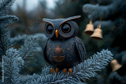 Decorative owl perched on a snow covered pine branch with golden bells in a festive winter scene