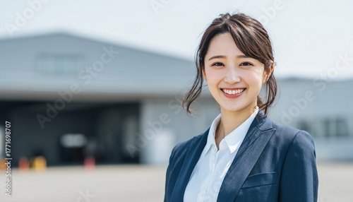 青空の下、屋外で笑顔を見せるビジネススーツ姿の日本人女性