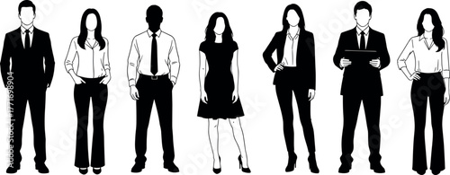 Business silhouettes, professional team, diverse staff, corporate attire, career people, leadership concept, teamwork, HR, office success, workplace unity