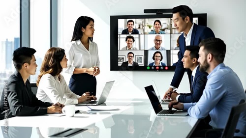 Business Team Participating in Video Conference Meeting in Modern Office with Laptops and Digital Screen