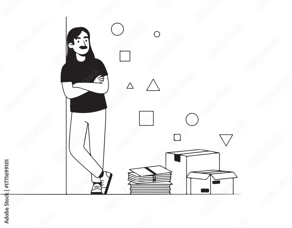 Man leaning against wall with organized boxes and documents, minimalist black and white line art about management and routine Homem encostado na parede com caixas e documentos organizados, arte linear