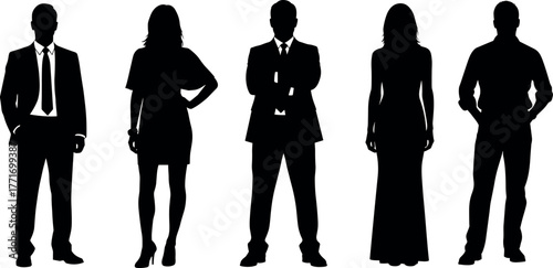 Business team silhouette icons, male and female professionals, formal and casual attire, standing poses, black vector illustration for design use