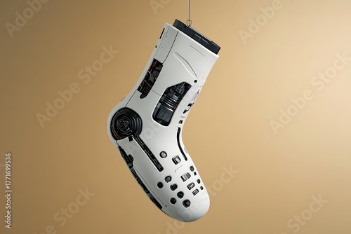 Futuristic robotic sock hanging against a neutral background in a studio setting