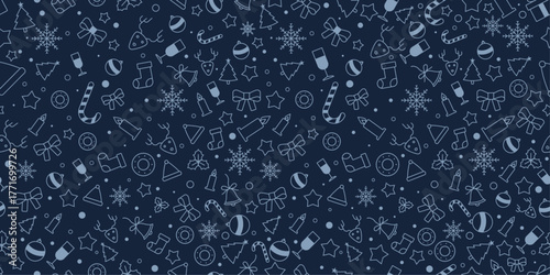 Christmas holiday pattern with white icons on blue background, including gifts and snowflakes vector