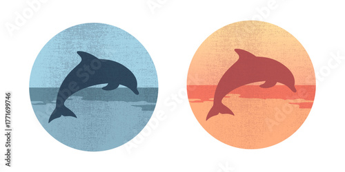 Silhouette of a dolphin jumping above the water. Dolphin emblem. Vector illustration