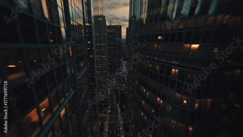 Futuristic drone flies past skyscrapers at sunset in a modern city