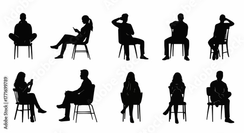 Silhouettes of diverse people sitting on chairs in various poses.