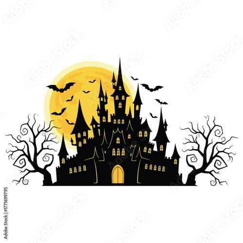 Spooky Halloween Castle Silhouette with Full Moon and Flying Bats