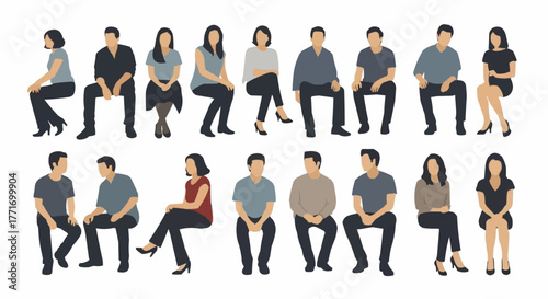 Group of diverse people sitting in various poses, front view.