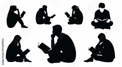 Silhouettes of people engrossed in reading books in various poses.