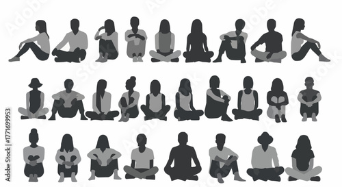 Silhouettes of People Sitting in Lotus Position - Diverse Group Meditation.