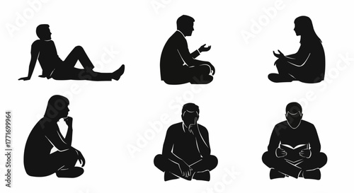 Silhouettes of people in various poses, deep in thought or reading.