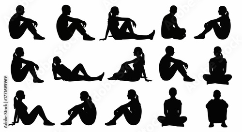 Collection of diverse human silhouettes in various sitting and reclining poses.