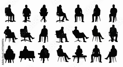 Collection of Silhouettes of People Sitting in Various Poses and Chairs.