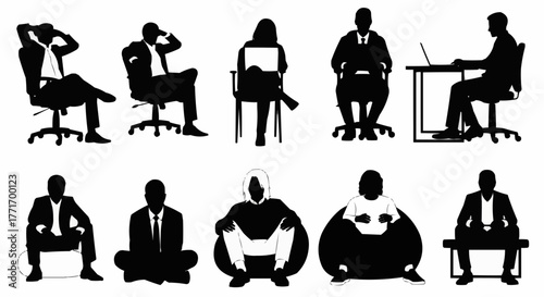 Diverse silhouettes of individuals in various seated positions, representing different activities and postures.