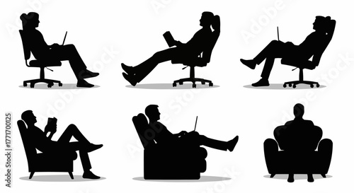 Silhouettes of people relaxing and working on laptops and reading books.