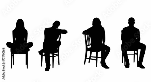 Silhouettes of people sitting on chairs in various poses.