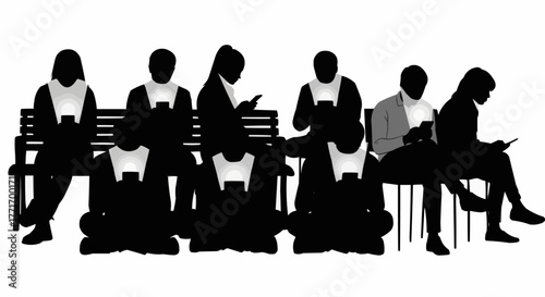 Silhouettes of people engrossed in their smartphones on a bench.