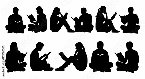Collection of black silhouettes showing various people sitting and reading books.