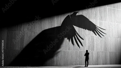 Silhouette of a person casting a shadow of a bird in flight