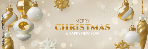 Merry Christmas and New Year 3d realistic banner with gold ornaments and holiday bokeh lights. Vector festive background design.