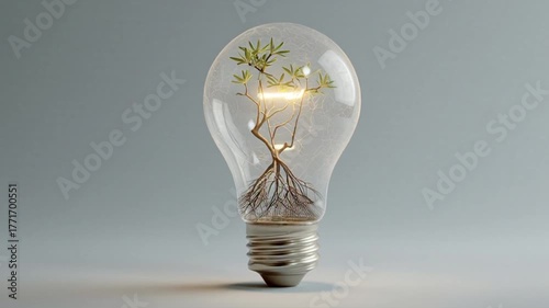 Tree growing inside a light bulb, symbolizing new ideas and growth