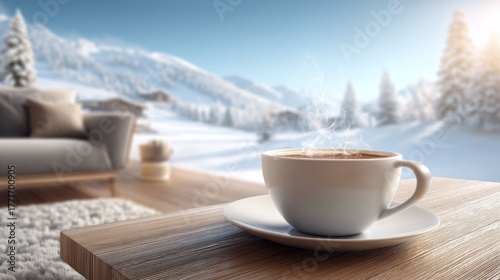 A cozy winter lodge features a warm wooden interior filled with soft furnishings. A steaming cup of coffee sits on a table, offering comfort and warmth against a snowy mountain backdrop