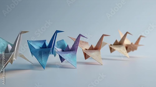 Origami paper cranes in a row on a light blue background
