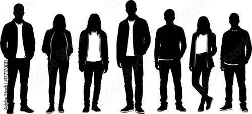 Seven silhouette figures standing, casual clothing, diverse postures, black illustration, minimal design, group identity, unity, inclusion, people concept, white background