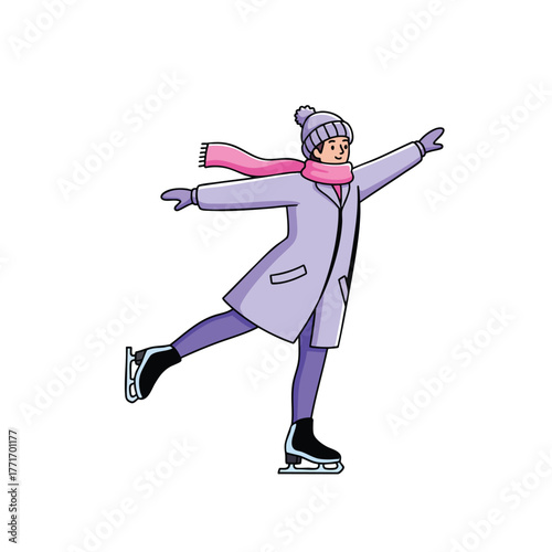 A cheerful person ice skating in a light purple winter coat pink scarf and beanie with arms outstretched for balance.