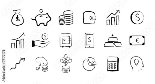 Collection of hand drawn financial money icons silhouette