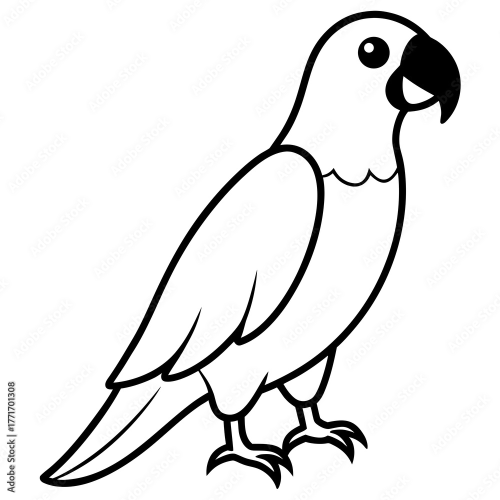 Fototapeta premium Simple line art illustration of a cute parrot standing isolated on white background