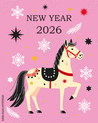 New Year Horse 2026. Festive illustration of a horse on a pink background with snowflakes and stars. Cheerful holiday card design celebrating the New Year 2026. Perfect for seasonal greetings, prints