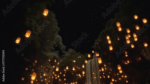 A magical night with many lanterns floating near a waterfall