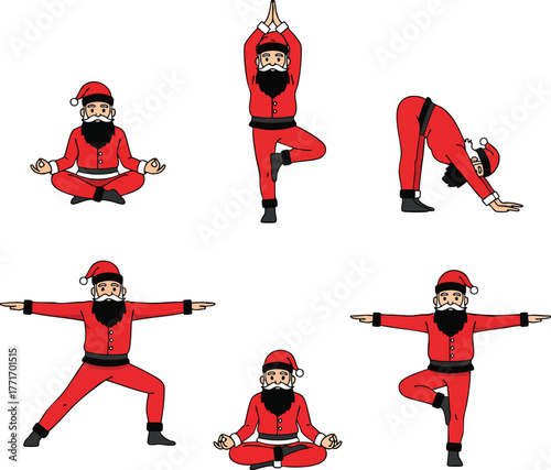 A collection of cartoon Santa Claus characters in red suits practicing various yoga poses and asanas.