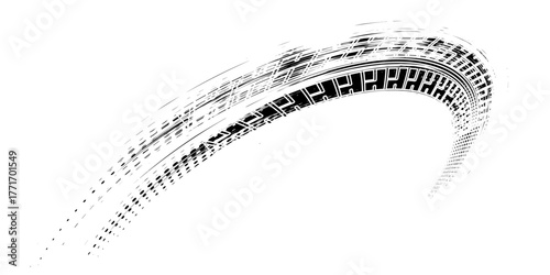 Grunge tire track, wheel braking marks. Truck, car or motorcycle tread pattern silhouette. Auto race, motorsport, speed racing design element. Vector illustration