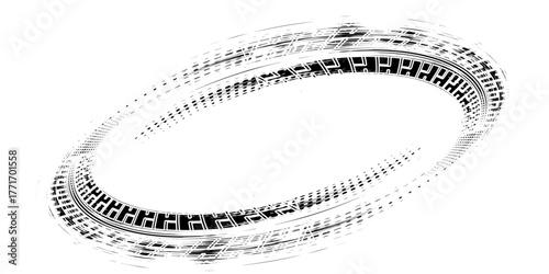 Grunge tire track, wheel braking marks. Truck, car or motorcycle tread pattern silhouette. Auto race, motorsport, speed racing design element. Vector illustration