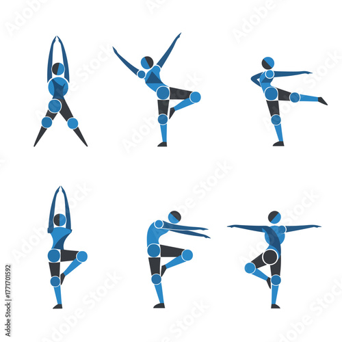 A collection of six abstract blue and black human figures in various dynamic yoga and balancing poses.