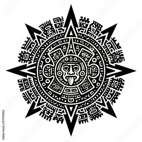 Aztec Sun Stone Compass Rose Silhouette with Geometric Arrows on White Background