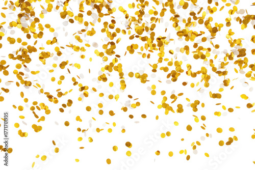 A large amount of gold confetti is falling from the sky. The confetti is scattered all over the image, creating a sense of celebration and joy. The bright gold color of the confetti adds a festive