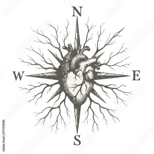 Surreal Anatomical Compass Rose with Heart and Veins on White Background