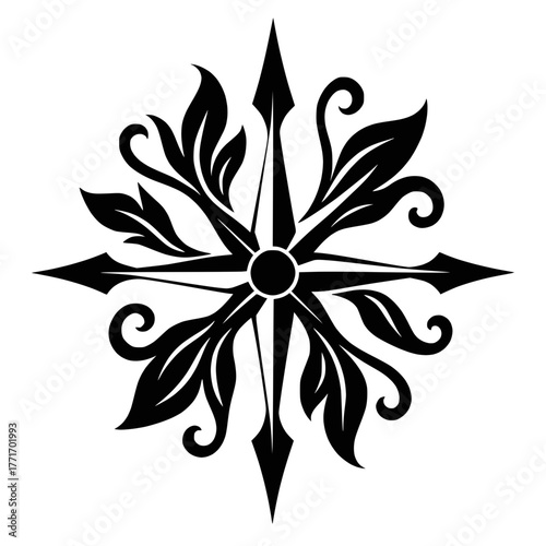 Tribal Flower Compass Rose Silhouette with Petal Arrows on White Background