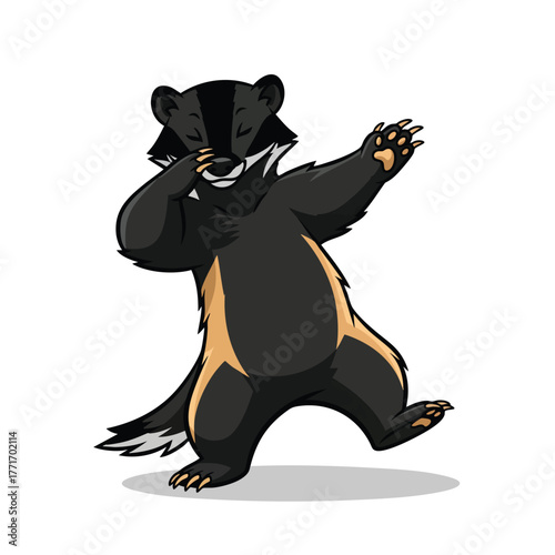 A cool cartoon badger with black and white fur performing a confident dabbing dance move.