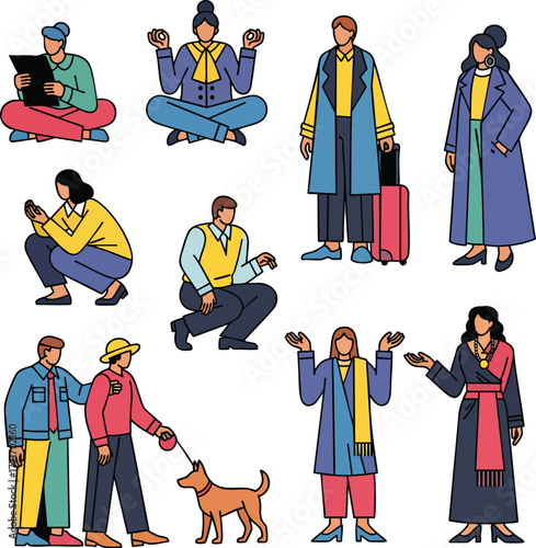A diverse collection of stylized people in colorful modern outfits Flat vector illustrations showing various activities like reading traveling and walking a dog.