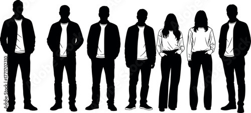 Silhouette of diverse group, seven standing figures, gender mix, casual attire, black illustration, unity, identity, inclusion, minimal design, posture
